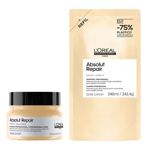 Kit Mascarilla Absolut Repair Reparación Cabello Dañado  250 ml + Shampoo Absolut Repair Refill 240 ml - Loreal Professionnel