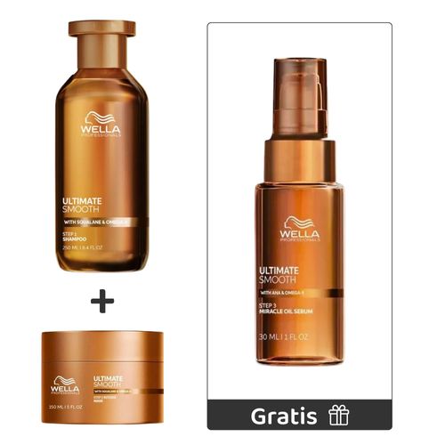 Kit Ultimate Smooth: Shampoo 250 ml + Mascarilla 150 ml + Gratis Mini Serum 30 ml - Wella