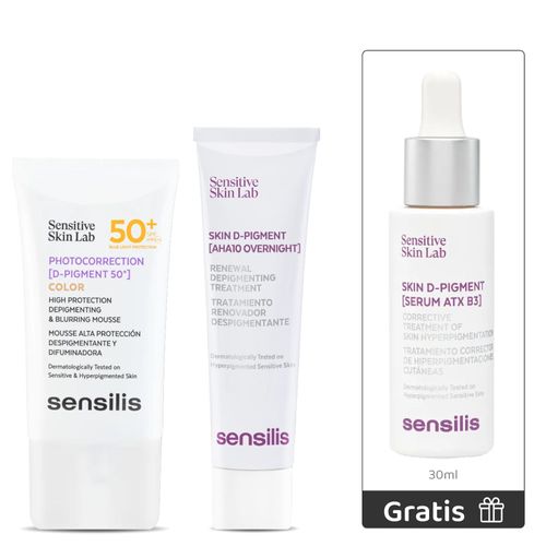Kit Photocorrection D-Pigment 50+ Color 40 ml + Skin D-Pigment AHA10 Overnight 30 ml + Gratis Skin D Pigment Serum 30 ml - Sensilis