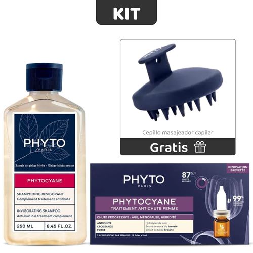 Kit Anticaída Progresiva Mujer: Ampolletas + Shampoo Phytocyane  + Cepillo cuero Cabelludo - Phyto